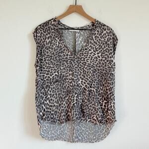 Karlie Leopard Print Top Frayed Edge V Neck Lightweight Flowy Blouse High Low M